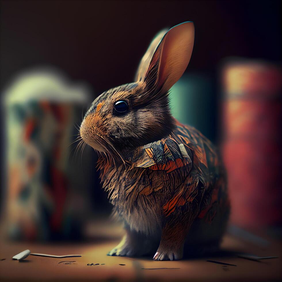 Rabbit with a book and a pencil on a dark background., Image photo