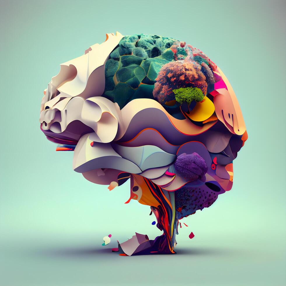 Human brain made of colorful paper pieces. 3d render illustration., Image photo