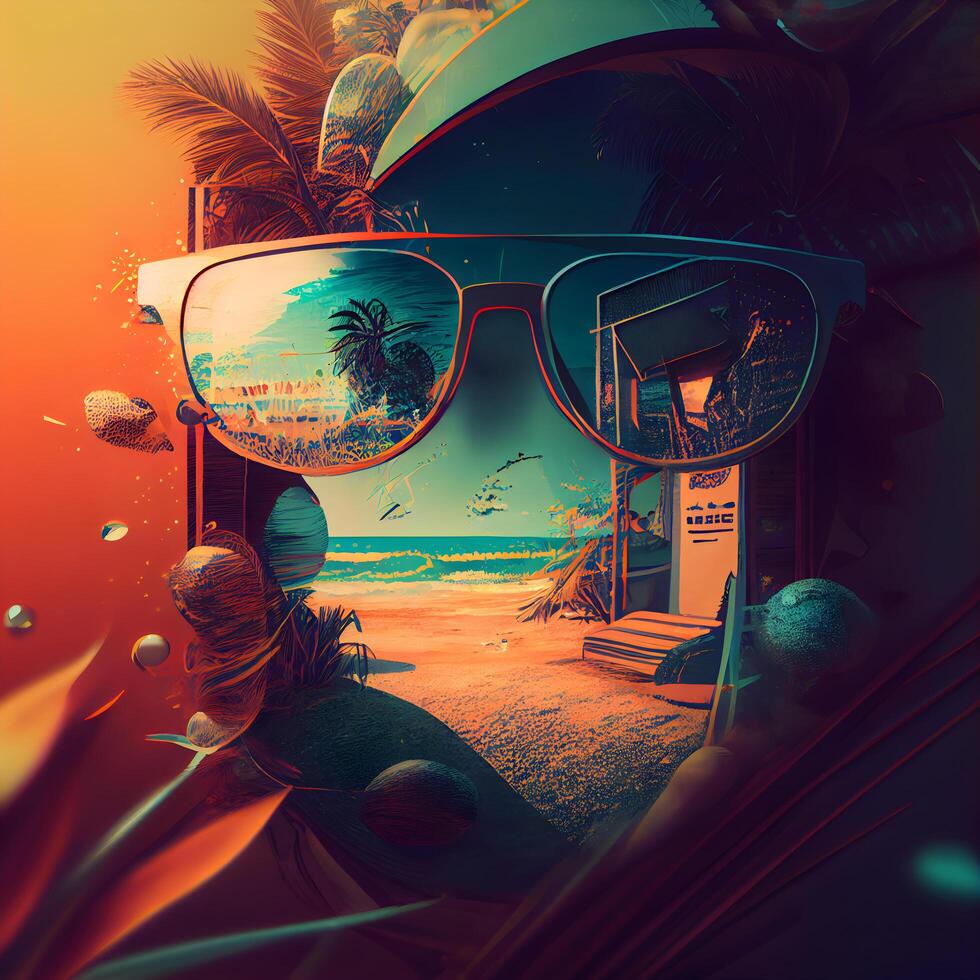 tropical playa con palma arboles y Gafas de sol. 3d representación, ai generativo imagen foto