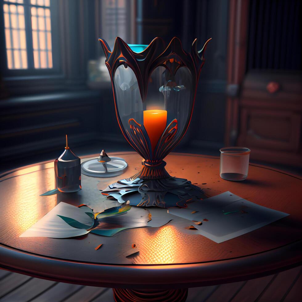3d render of a restaurant interior with a table and a glass of water, Image photo