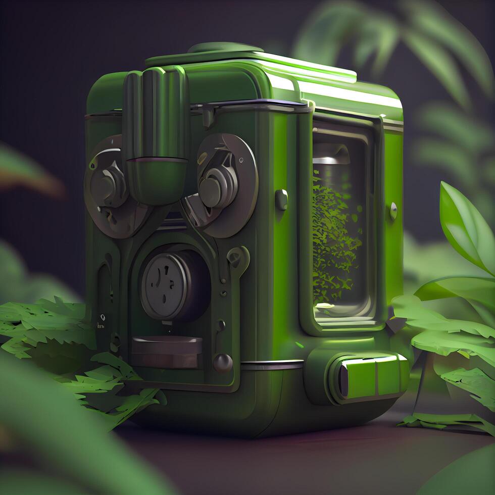 green retro camera in the jungle. 3d render. concept of ecology, Image photo