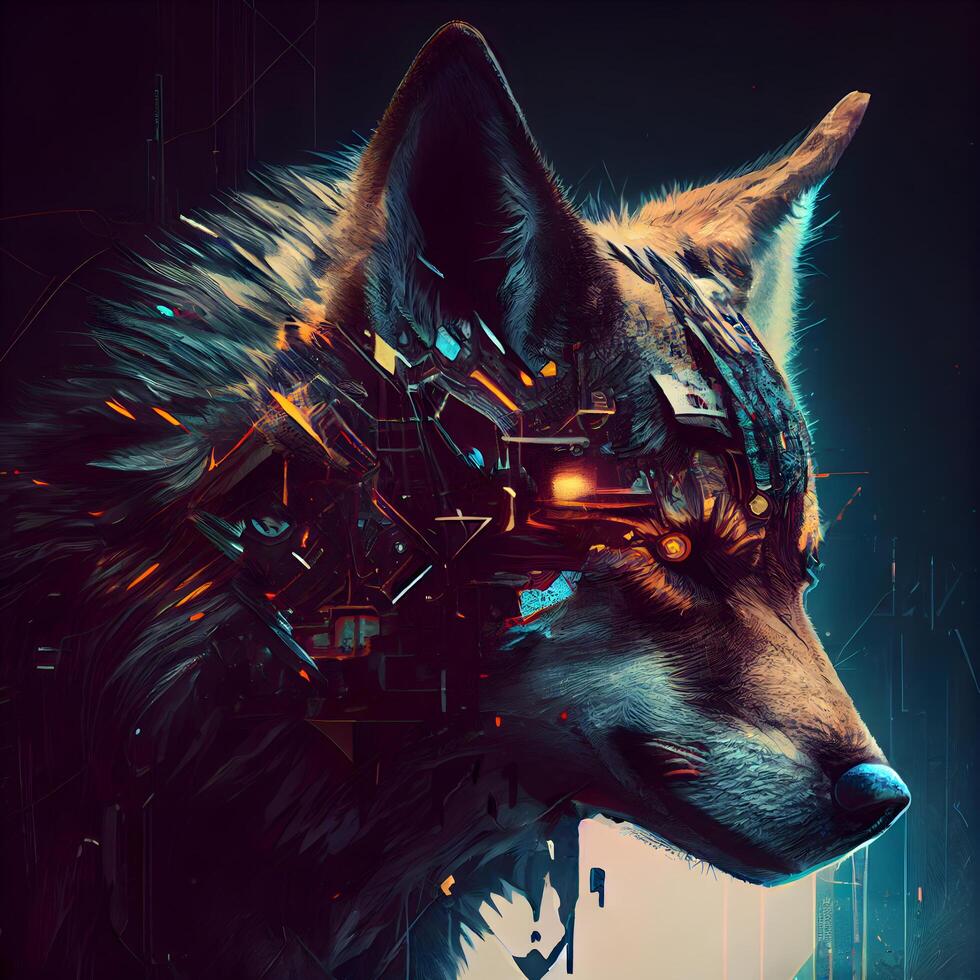 Futuristic illustration of a wolf head with futuristic technology background., Image photo