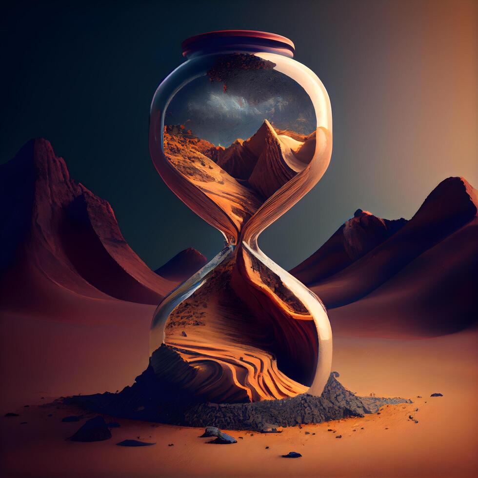 reloj de arena en desierto. 3d representación. hora paso concepto., ai generativo imagen foto