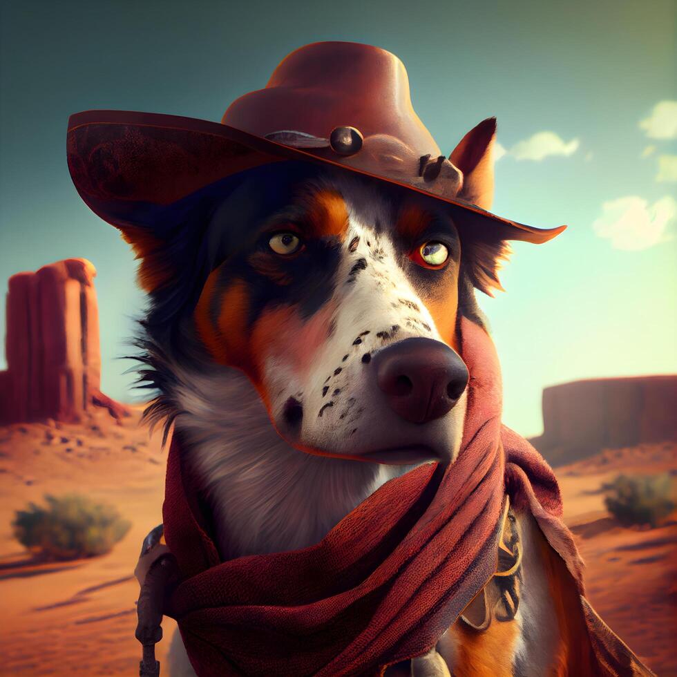 Australian shepherd dog with cowboy hat and scarf in Monument Valley, USA, Image photo