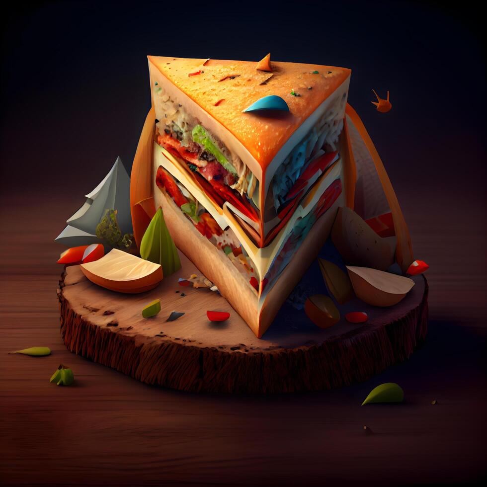 3d illustration of a sandwich with different fillings on a wooden background, Image photo