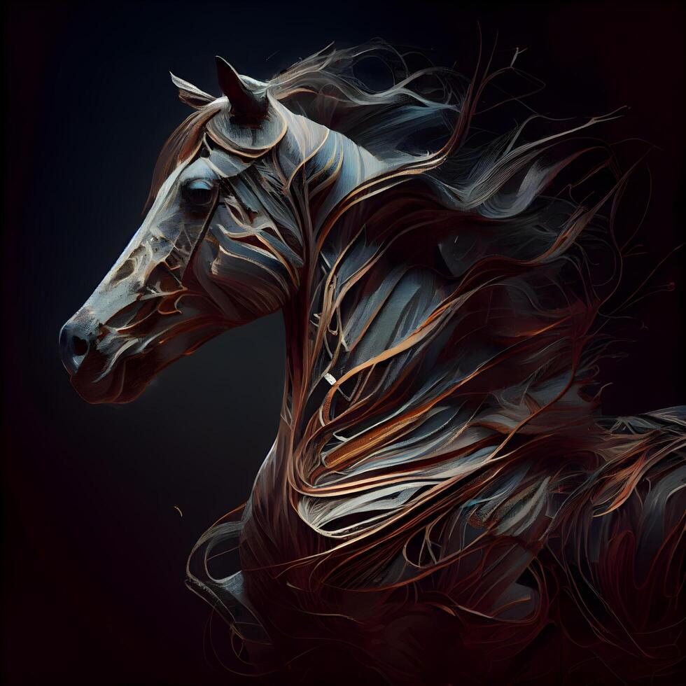 caballo cabeza con largo melena en un negro antecedentes. 3d representación, ai generativo imagen foto