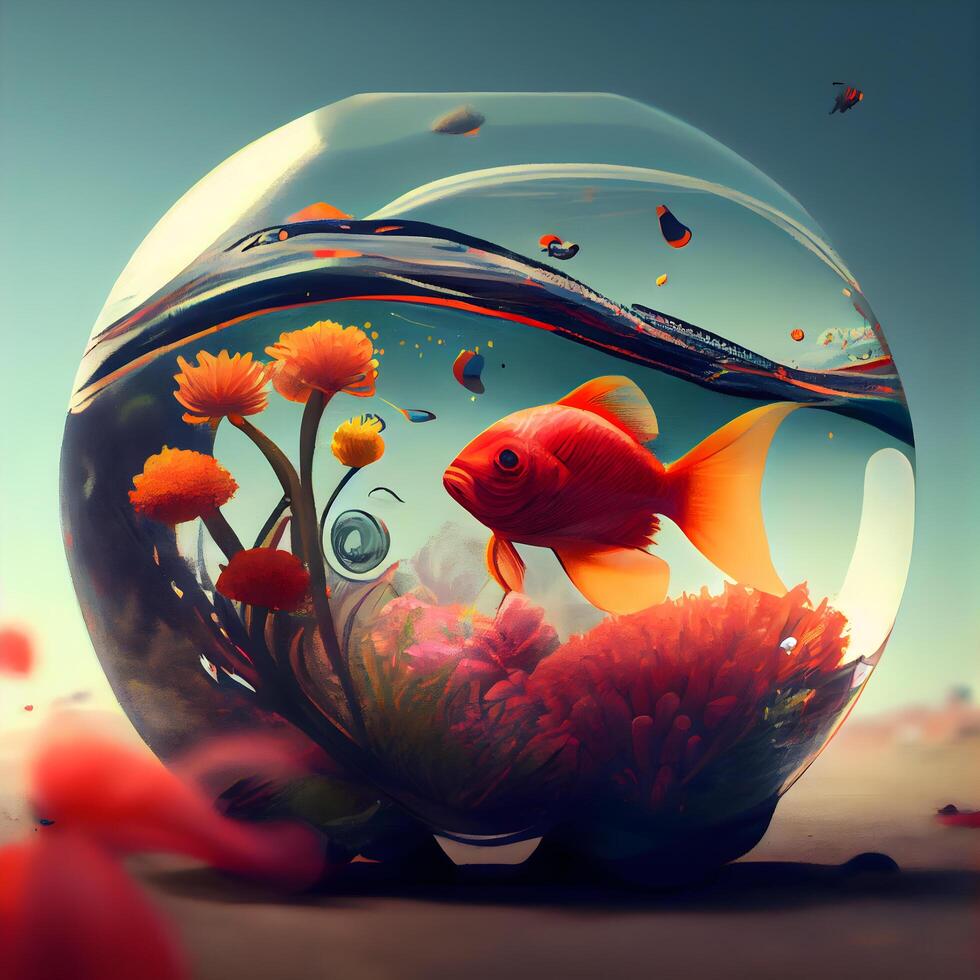 Goldfish in a round glass aquarium. 3d render illustration., Ai