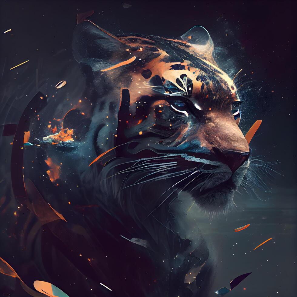 tiger portrait with fire effect on a dark background, digital painting, Image photo