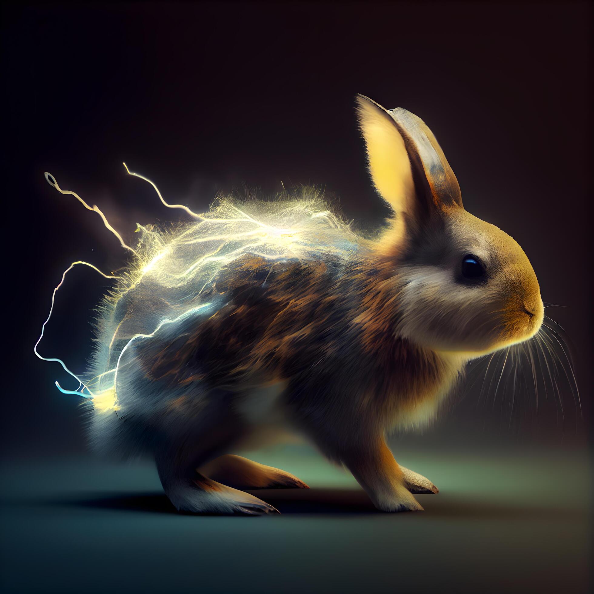 Rabbit with lightning on a dark background, 3d rendering., Ai