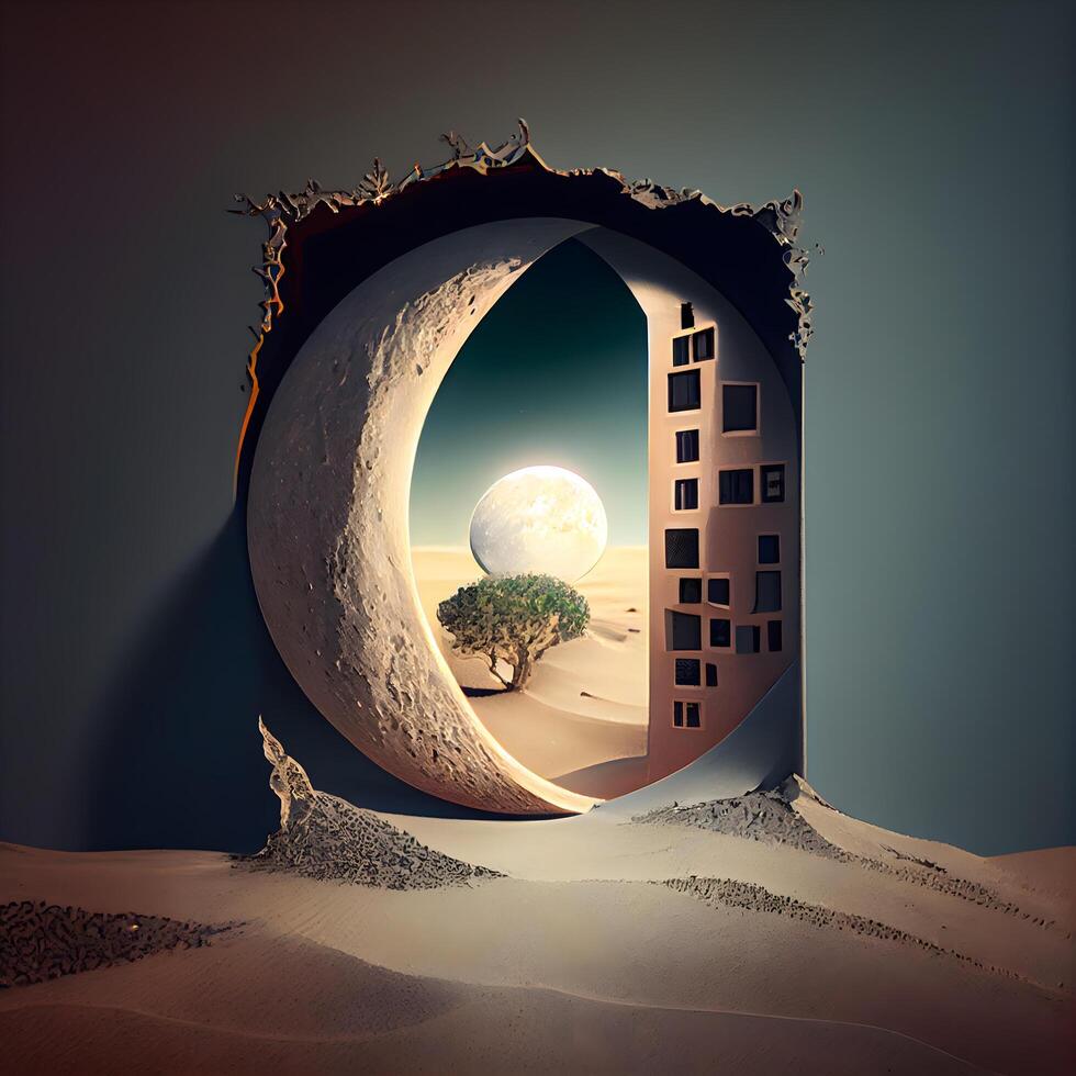 3d illustration of a house in the desert at night with moon, Image photo