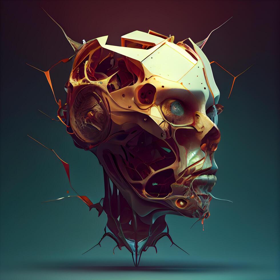 3D rendering of a human skull with metal elements on a dark background, Image photo