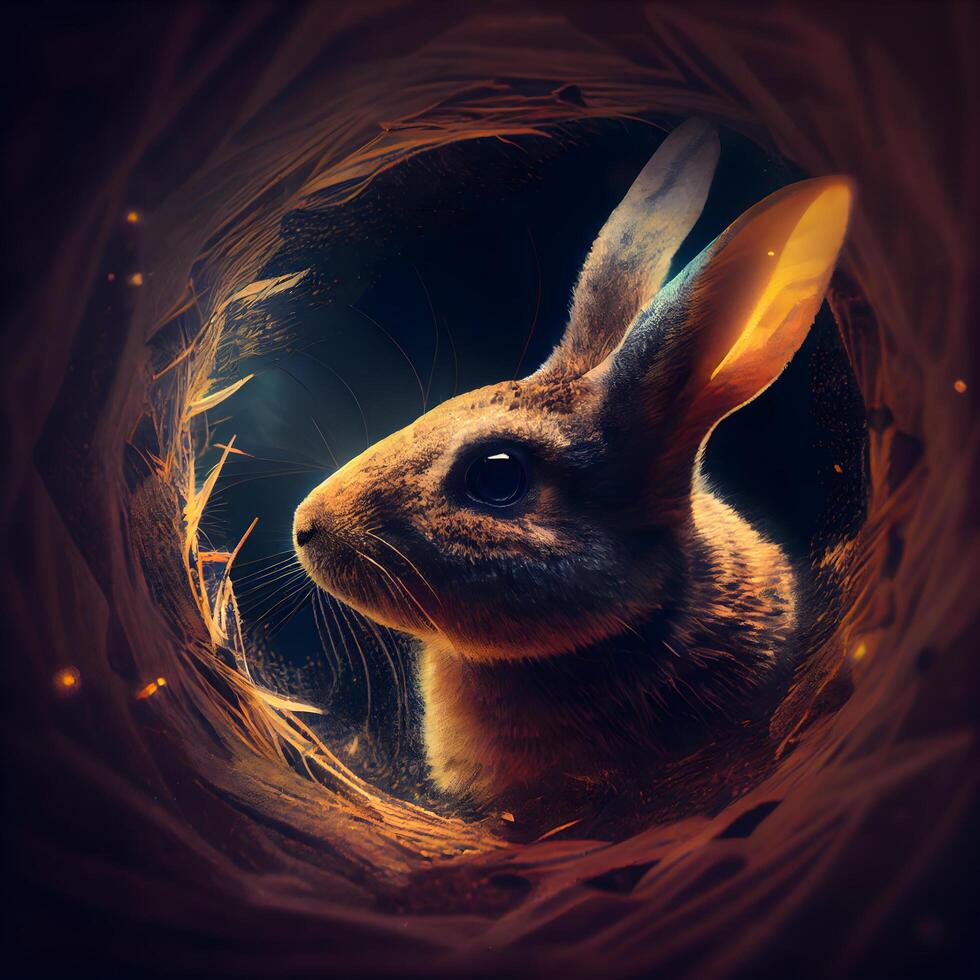 Rabbit in a hole in the wall. Digital painting. 3d rendering, Image photo