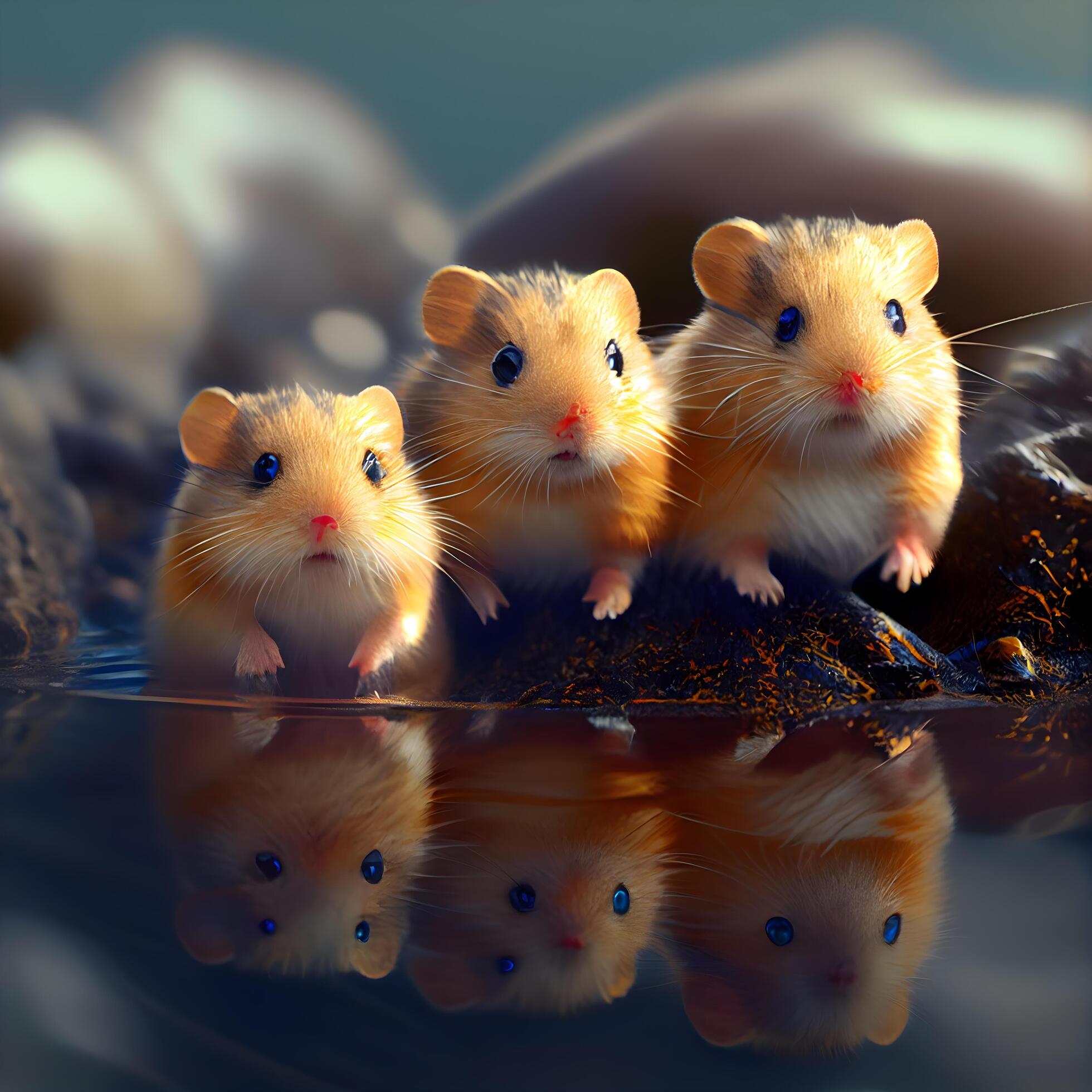 Hamsters in the water on a dark background. 3d rendering, Image