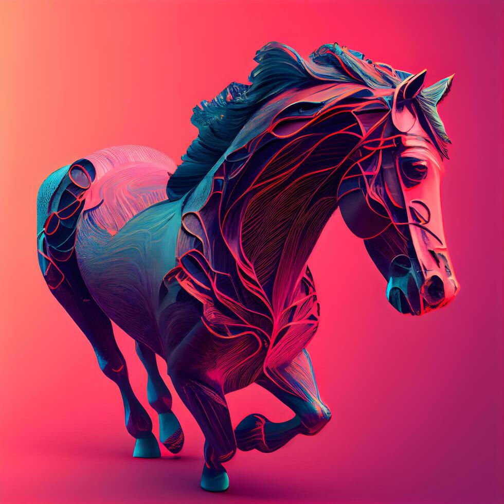 Horse with abstract colorful pattern. 3d render illustration. Pink background., Image photo