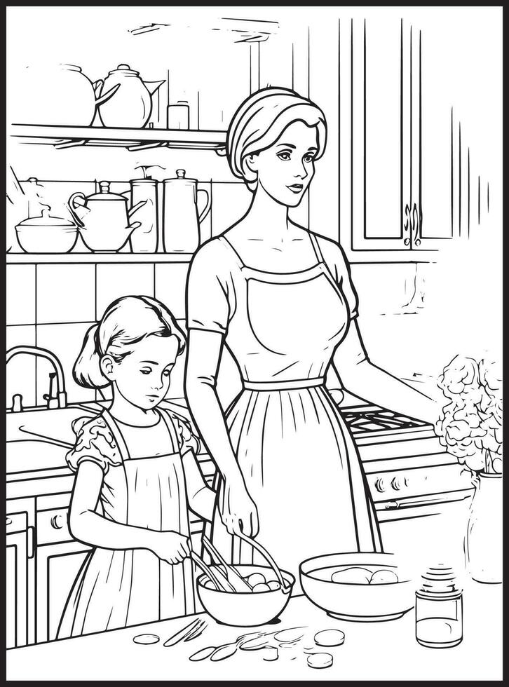 Mother Son Kitchen Coloring page vector