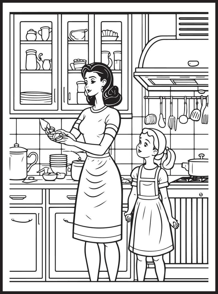 Mother Son Kitchen Coloring page vector