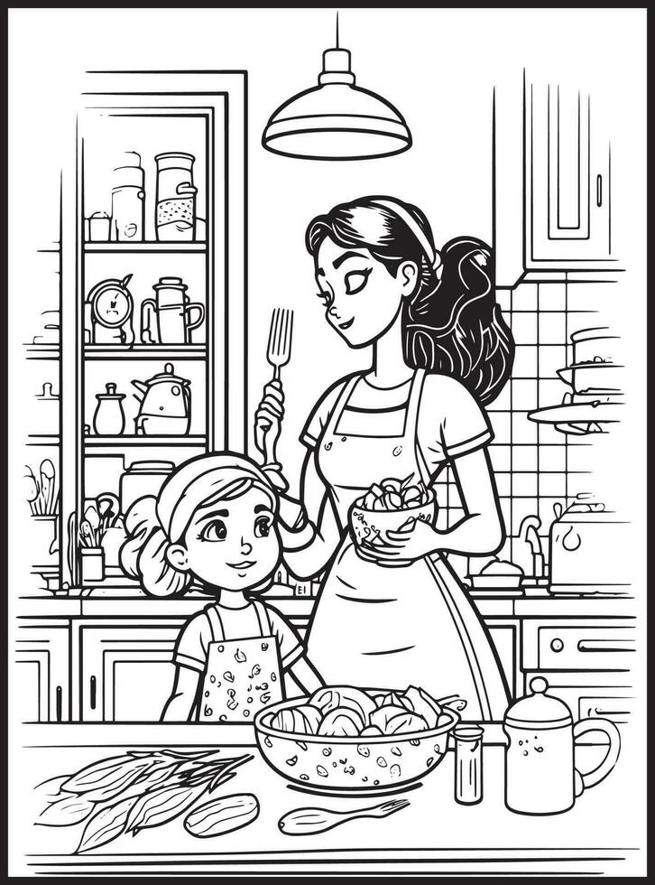 Mother Son Kitchen Coloring page vector