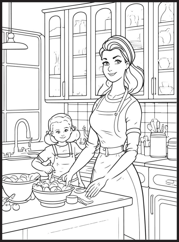 Mother Son Kitchen Coloring page vector