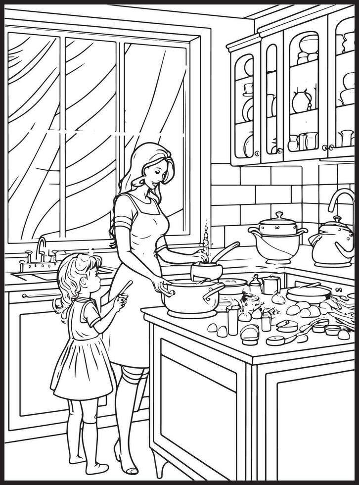 Mother Son Kitchen Coloring page vector