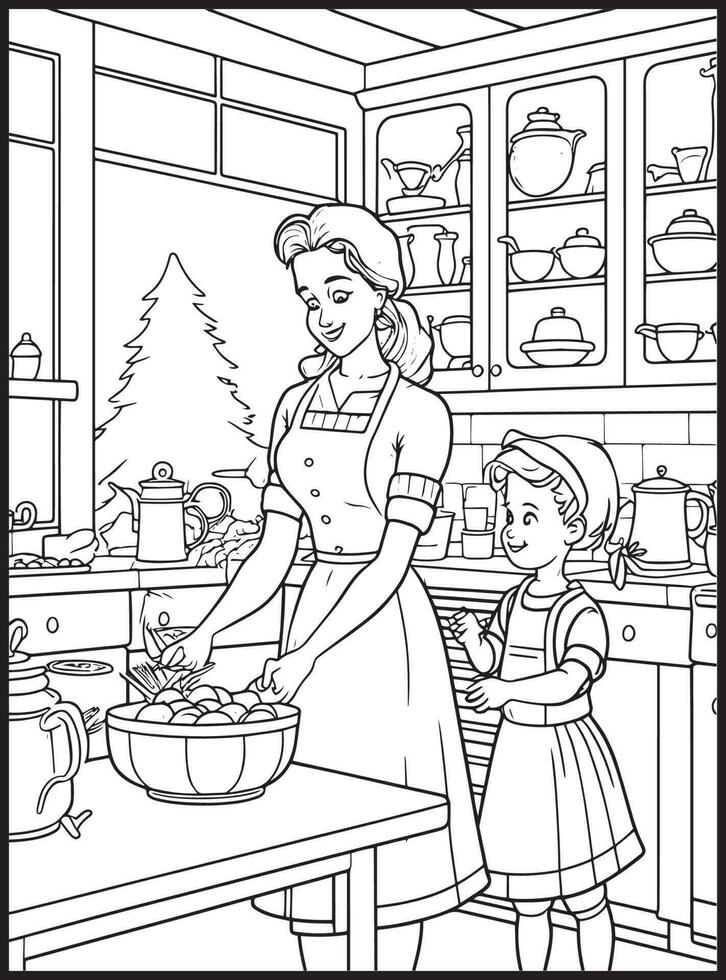 Mother Son Kitchen Coloring page vector