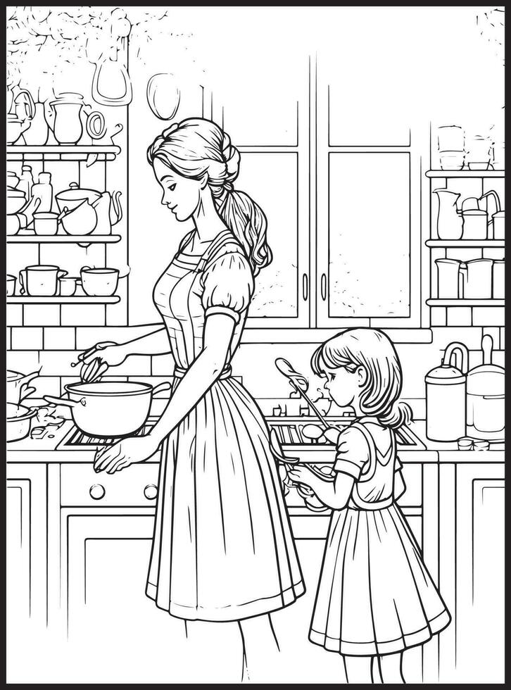 Mother Son Kitchen Coloring page vector