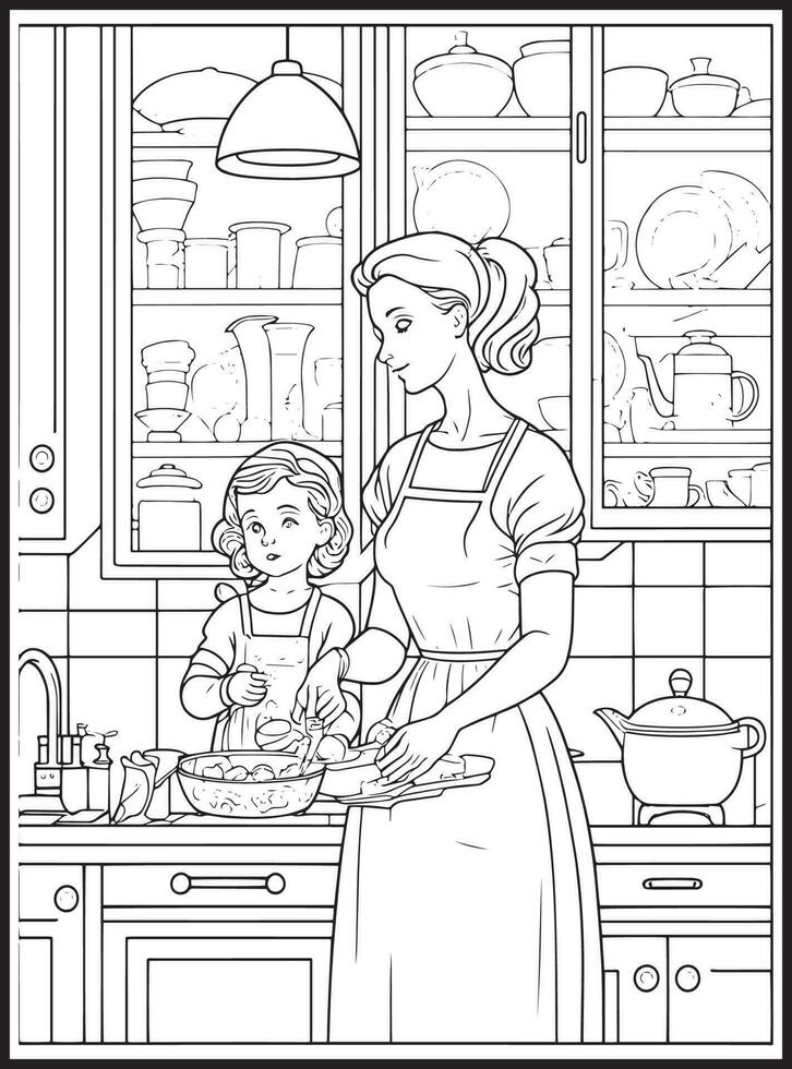 Mother Son Kitchen Coloring page vector