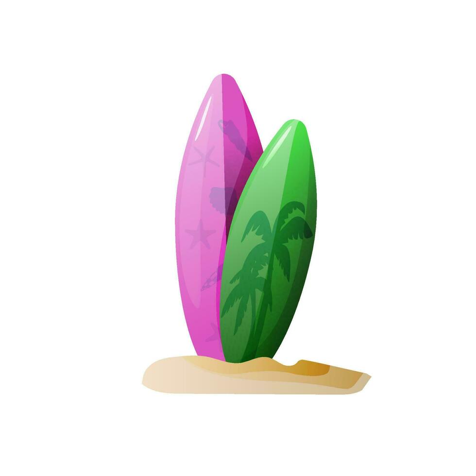 Surfboards on the beach. Vector illustration in cartoon style. Pink and green paddle board.