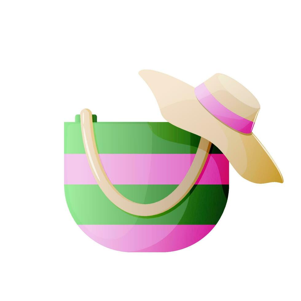 Beach hat and handbag icon. Cartoon illustration of vacation accessories for sea holidays. Beach stuff for summer travel set vector