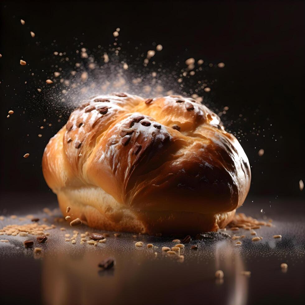 Baked bread with sesame seeds on a black background with splashes, Image photo