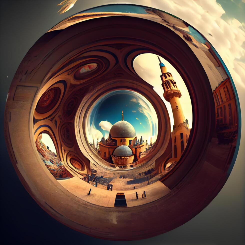 The reflection of the mosque in the lens of a spherical panorama, Image photo