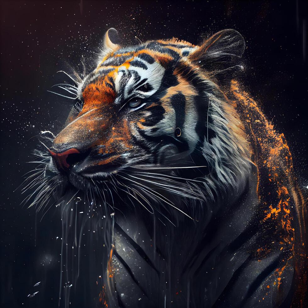 Digital painting of a tiger with a grunge effect and a black background, Image photo