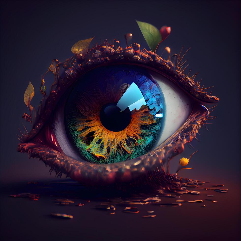 Human eye close up. 3D illustration. Colorful background., Image photo