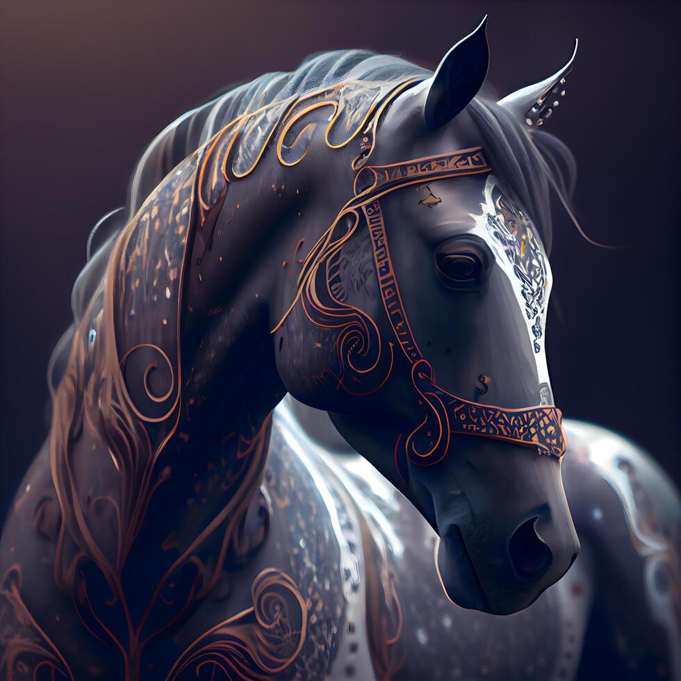 Horse head with ornament on black background. 3D illustration., Image photo