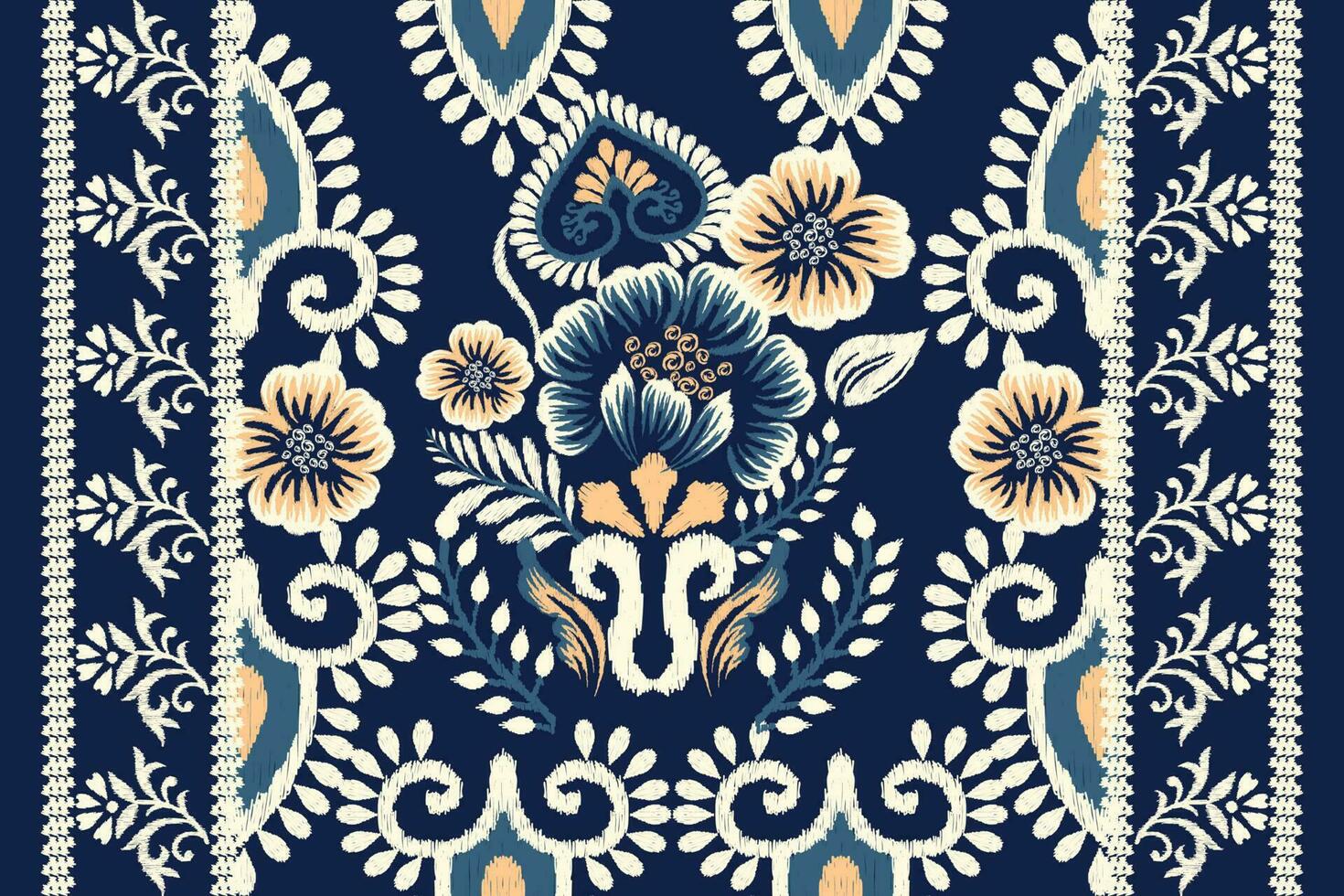 Ikat floral paisley embroidery on navy blue background.Ikat ethnic oriental pattern traditional.Aztec style abstract vector illustration.design for texture,fabric,clothing,wrapping,decoration,carpet.