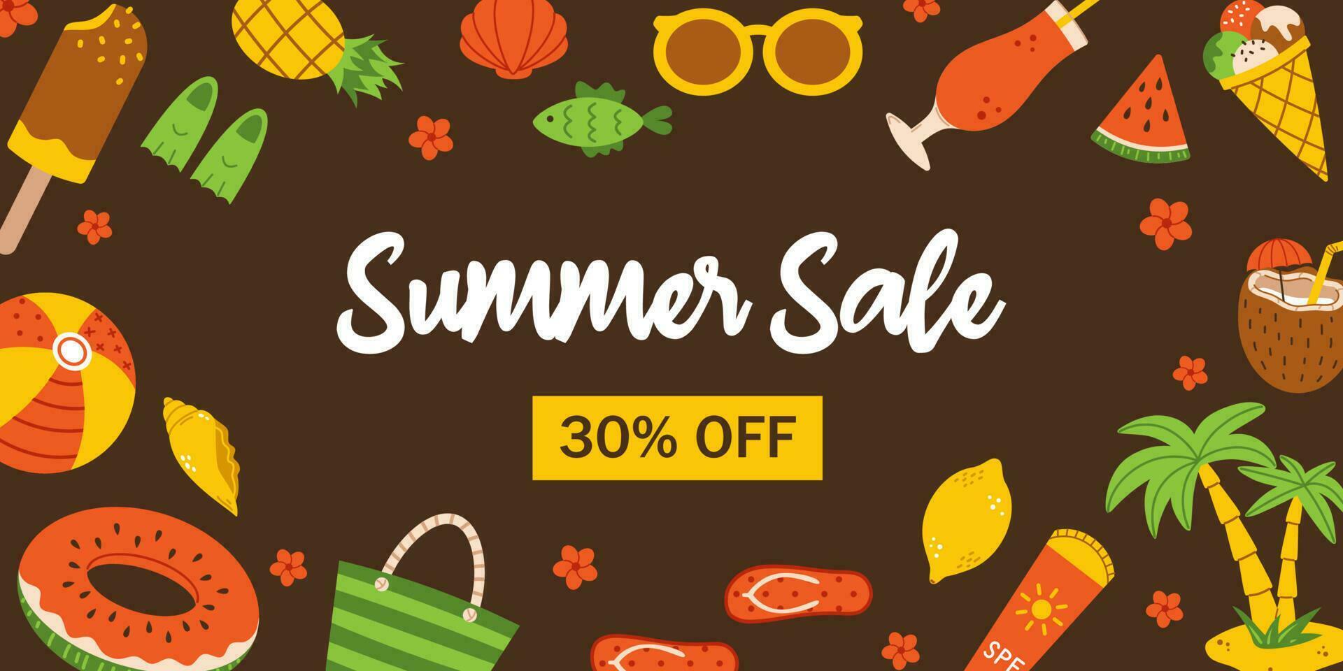 Vector summer sale banner. Discount advertisement. Invitation for shopping with 30 percent off. Summer poster template. Dark brown background.