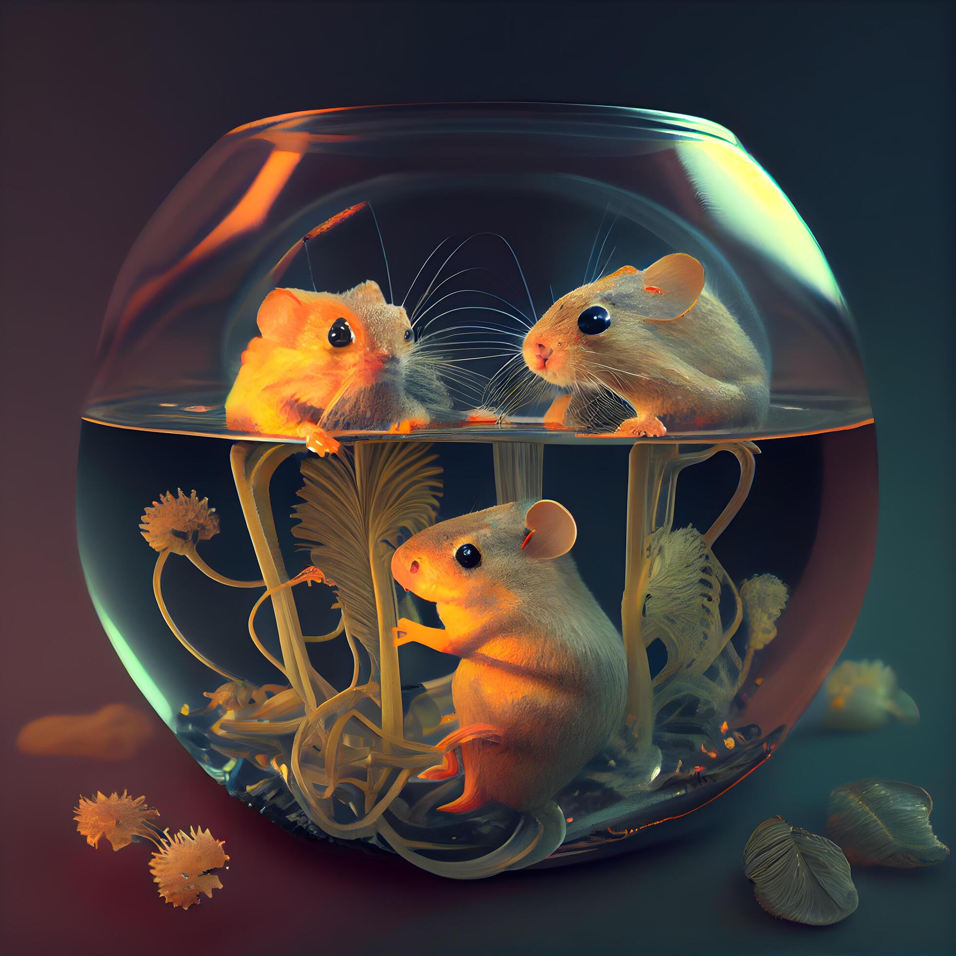 3d rendering of a group of three rats in a round aquarium, Ai