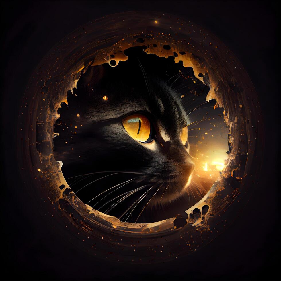 Black cat looks out of a hole in the wall. Artistic illustration, Image photo