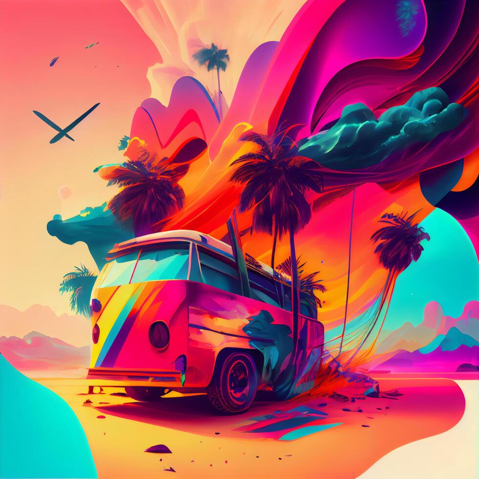 Travel van on the beach with palm trees and waves. illustration., Image photo