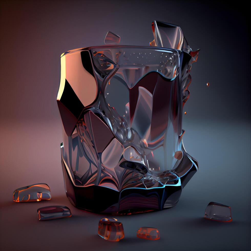 3d representación de un vaso con hielo cubitos en un oscuro fondo, ai generativo imagen foto