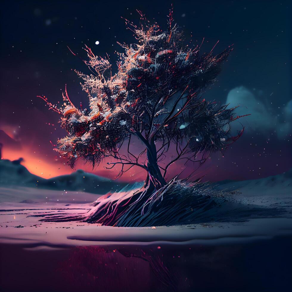 Fantasy landscape with a lonely tree in the middle of the night, Image photo