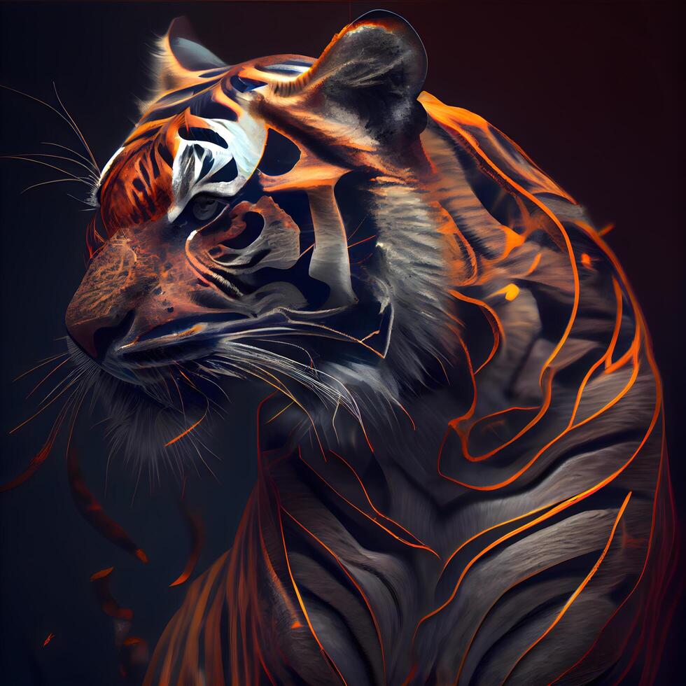 Tiger portrait with fire effect on a dark background. 3D rendering, Image photo