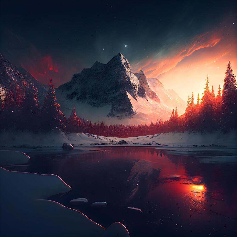 fantasía invierno paisaje con congelado lago y Nevado montañas. 3d ilustración, ai generativo imagen foto
