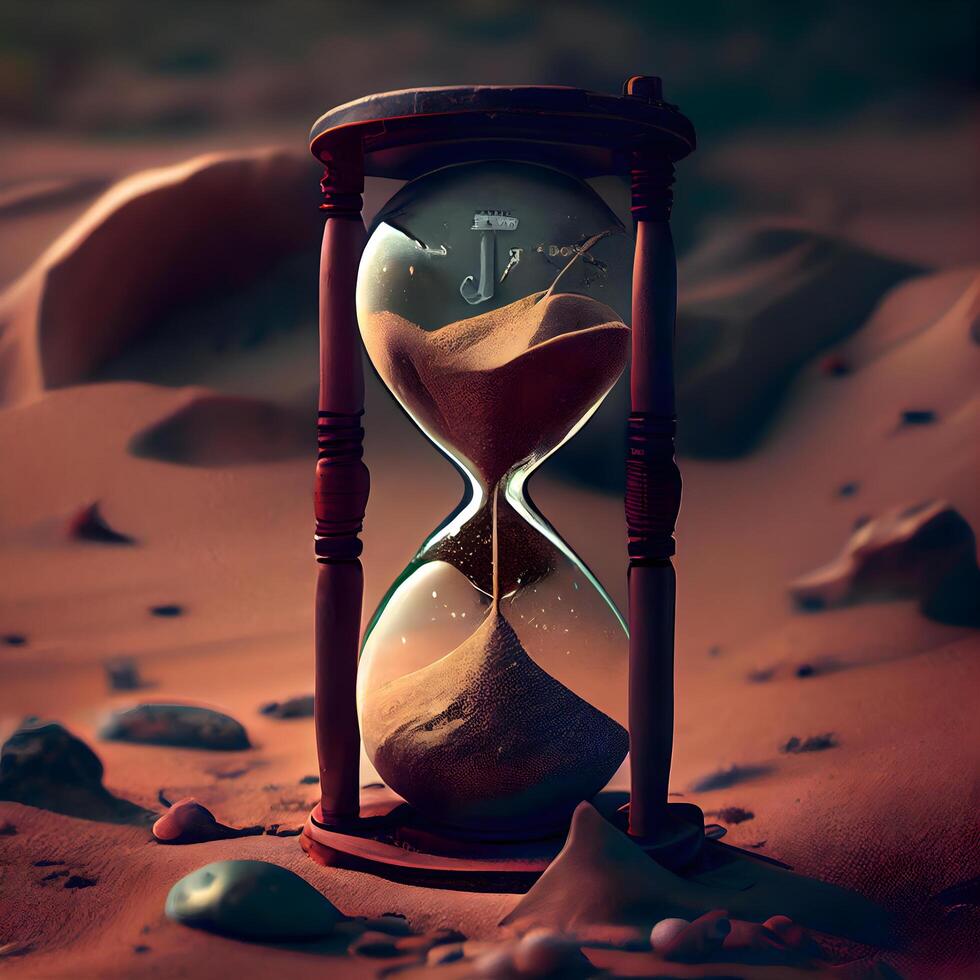 Hourglass in sand desert. Time management concept. 3d rendering, Image photo