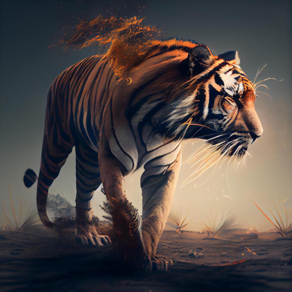 Siberian Tiger in the desert with fire effect. Digital painting, Image photo