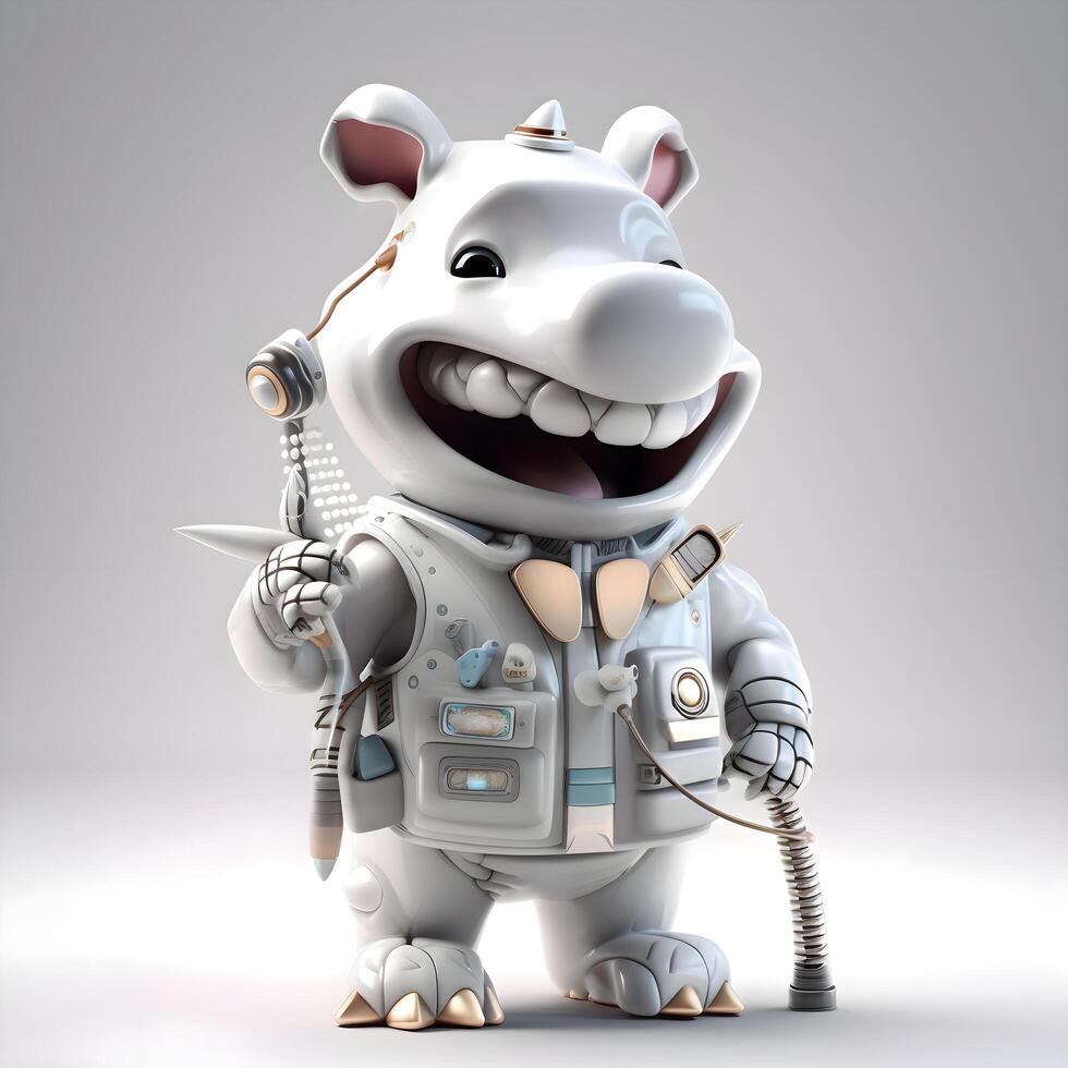 Cartoon hippo astronaut character with a microphone on a gray background, Image photo
