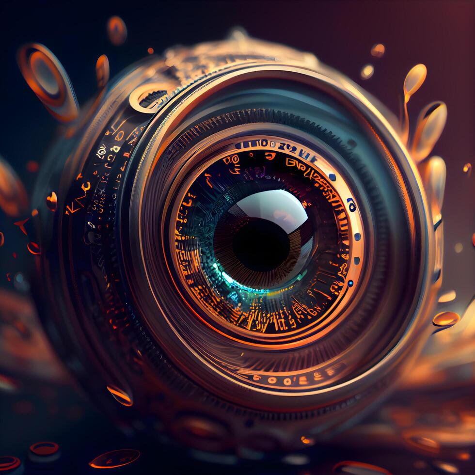 3d ilustración de un cámara lente con un ver de el ojo, ai generativo imagen foto