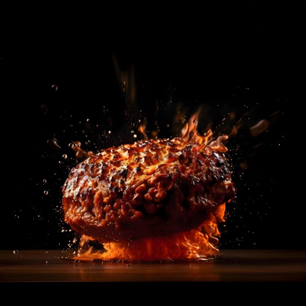 Hot chicken with fire and smoke on a dark background. Flying chicken, Image photo