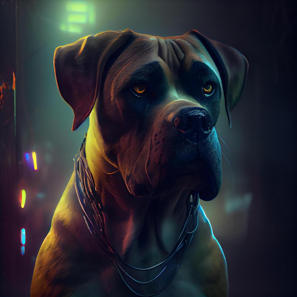 boxer dog portrait in a dark room with neon light. studio shot, Image photo