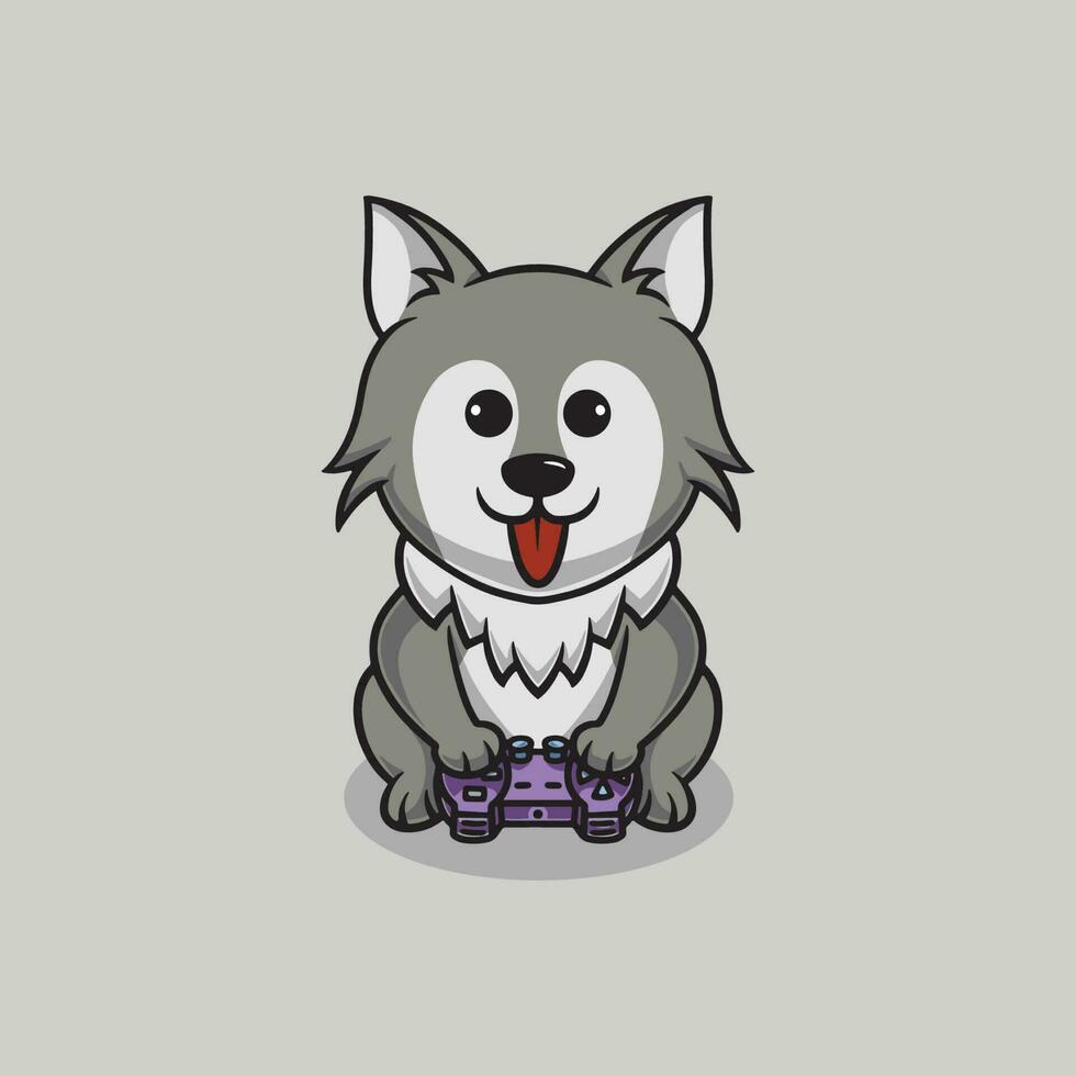 Cute wolf playing game cartoon illustration vector