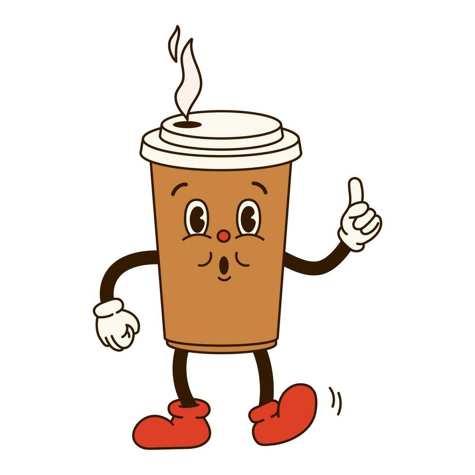 Groovy retro cartoon coffee to go character with eyes and gloved hands. Isolated flat illustration in style 60s 70s vector